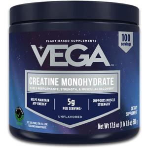 Vega Creatine Monohydrate Micronized Powder, Pure Unflavored, 100 Servings, 5000mg Per Serving, 17.6 oz