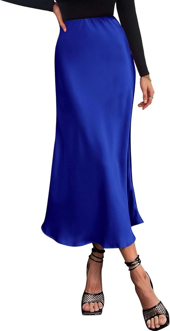 BTFBM 2025 Womens Summer Fall Long Satin Skirt Silk Elegant High Waist Cocktail Party Wedding Flowy A-Line Midi Skirts, S