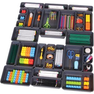 Set of 32 Interlocking Desk Drawer Organizer Tray Dividers Plastic Shallow Narrow Drawers Organizers Separators Storage Bins Container for Kitchen Bathroom Makeup Office Vanity Bedroom Dresser