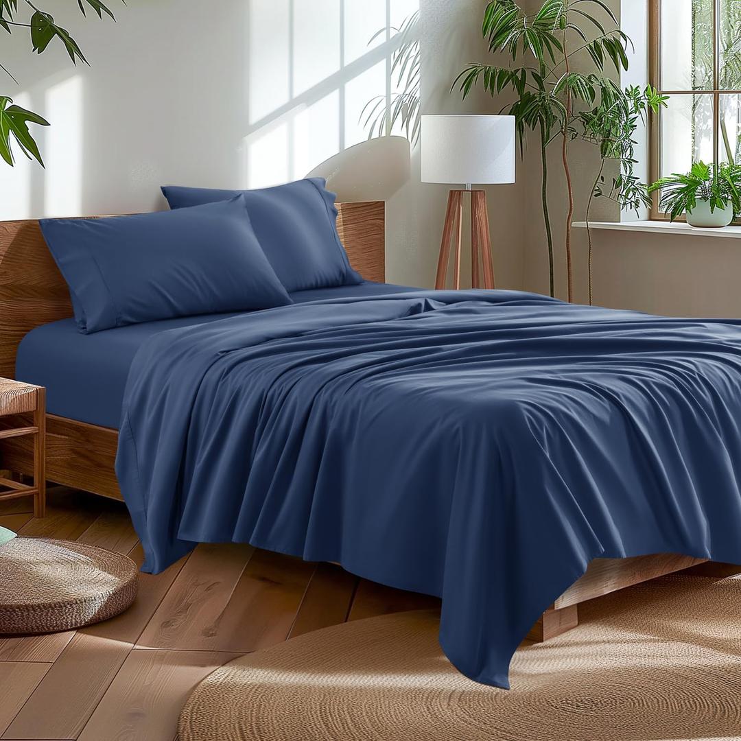 AiAngu 100% Egyptian Cotton King Size Sheets Set - Luxury 1000 High Thread Count Egyptian Cotton Bed Sheets 4 PC, Breathable & Cooling Sheets, 16" Deep Pocket(King, Navy Blue)