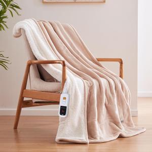 Sealy Electric Blanket Throw Size 50"*60",Super Cozy Flannel to Sherpa Reversible Heated Blanket Throw with 6 Heating Levels & 2-10 Hours Auto Off Overheating Protection Machine Washable,Beige