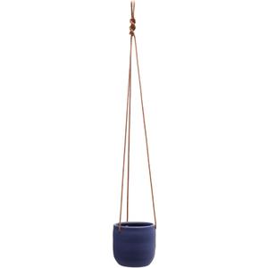 Bloomingville Hanging Stoneware Planter with Leather Rope Hanger, Latex Finish, Navy Blue (4-1/2" Round x 4-1/4"H)