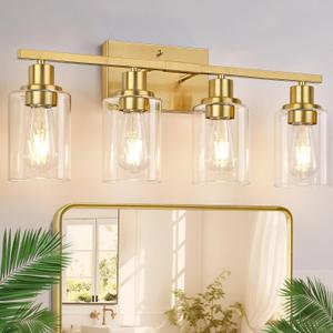 Indoi 4-Light Vanity Lights with Clear Glass Shades, Brushed Gold Bathroom Light Fixtures Over Mirror, Modern Bathroom Wall Lamp for Mirror Living Room Cabinet Bedroom Porch