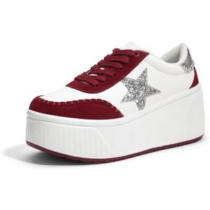 LUCKY STEP Women's Platform Chunky Sneakers Fashion Star Glitter Sparkly Wedge Walking Shoes High Heel Casual Shiny Thick Sole Footwear (7, Red/White)