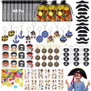 168Pcs Pirate Party Favors Supplies, Pirate Birthday Party Decorations, Pirate Gift Bags with Pirate Eye Patch Mustache Gold Coins Gems Tattoos for Kids Boys Pirate Birthday Party Goodie Bag Fillers