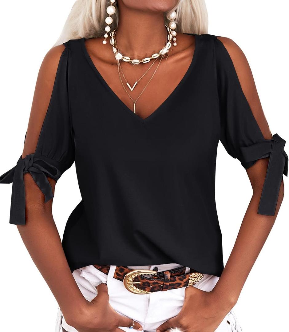 Veatzaer Women's Cold Shoulder Tops Short Sleeve V-Neck Casual Loose Cutout Summer Fashion Tshirts Blouse Shirts Black (S)