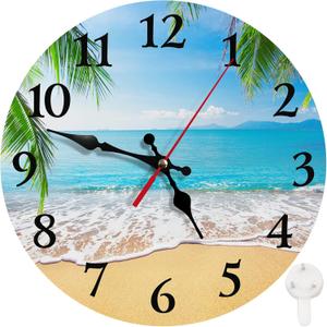 Britimes Round Wall Clock Silent Non-Ticking Battery Operated Clock 10 Inch, Palm Tropical Beach Summer Tree Home Decor for Living Room, Kitchen, Bedroom, and Office
