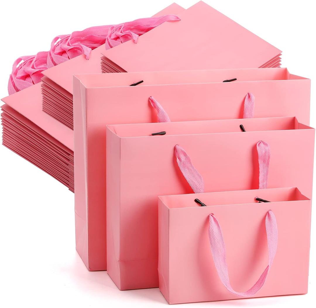 Lyellfe 30 Pack Pink Gift Bags, Heavy Duty Kraft Paper Bag with Handle Bulk, Recycled Water-proof Shopping Bags, Assoorted Merchandise Retail Bags for Birthday, Wedding, Party, Size Small,Meduim,Large