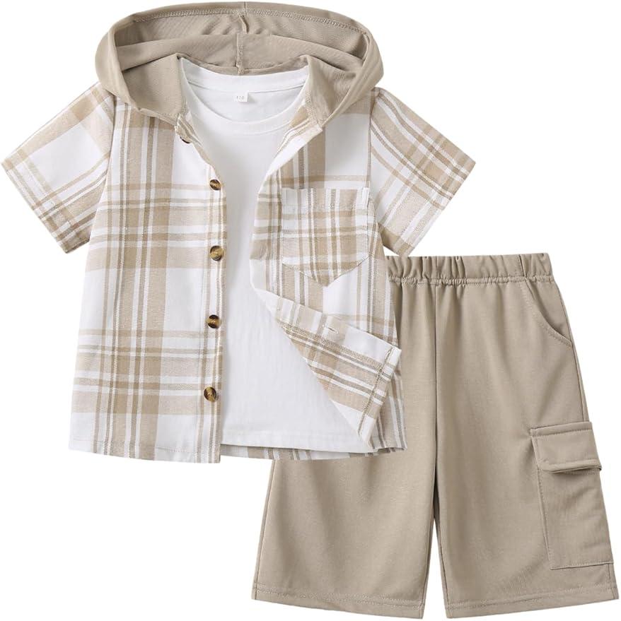 Boys Clothes Shorts Sets Plaid Short Sleeve Hooded Button Shirt and Jogger Shorts for Kids Summer Outfits 9-10Y