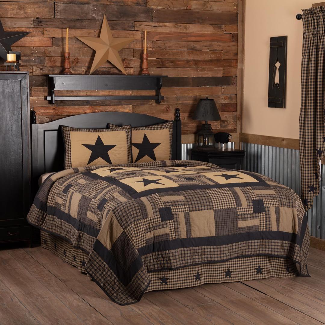 VHC Brands, Black Check Star Cotton Patchwork Primitive Decor Califorfnia King Quilt w/ 2 Shams Set