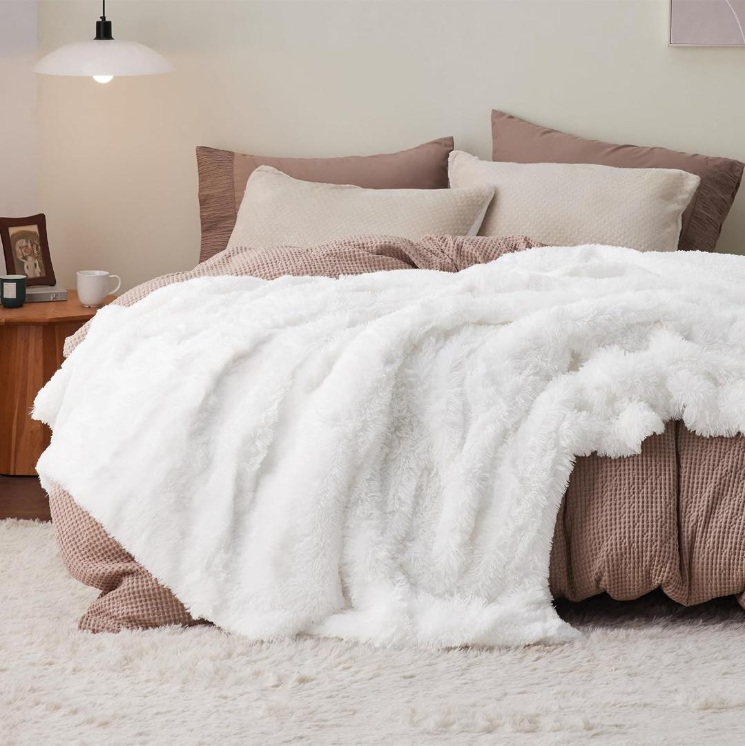 Faux Fur Fluffy Sherpa Fleece King Bed Blanket White
