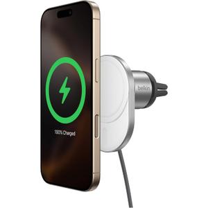 Belkin MagSafe-Compatible Wireless Car Charger 15W, Fast Charging Wireless Charger - Powerful Magnetic Vent Holder for iPhone 17, 16, 15, 14, 13 Series, Pixel 10, Secure Car Phone Mount - White