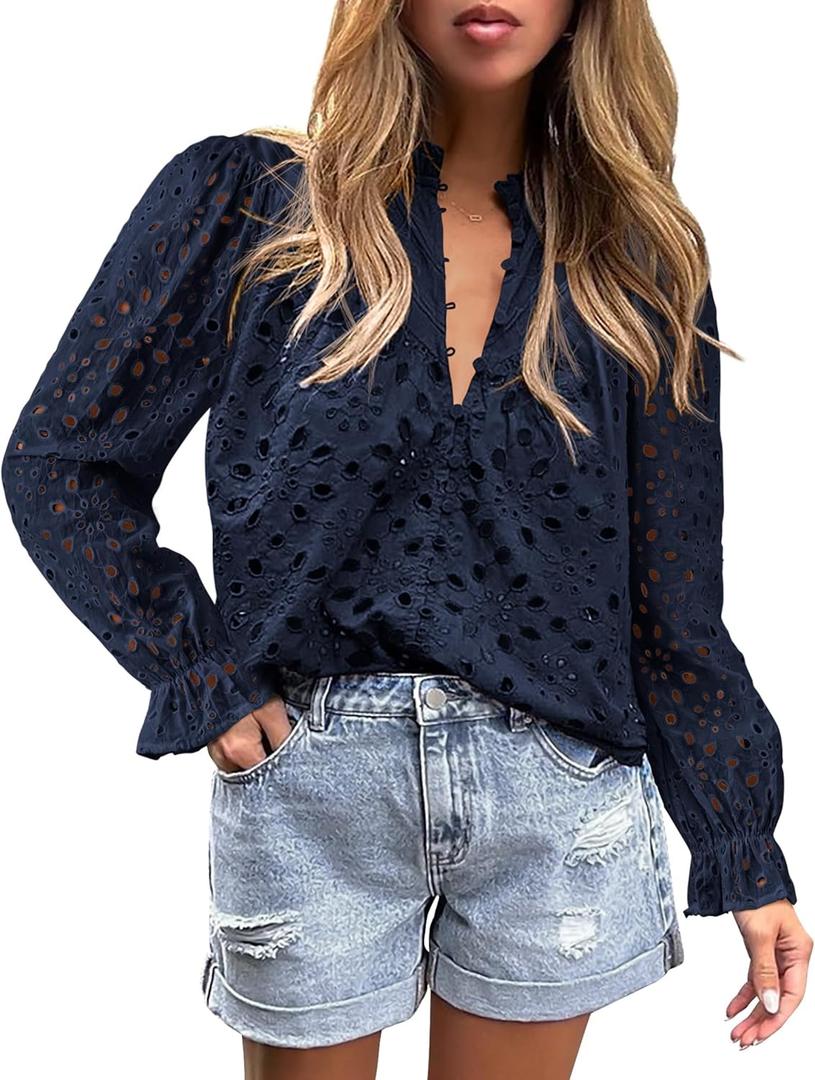 PRETTYGARDEN Women's Dressy Casual Blouse Tops Fall Spring Puff Long Sleeve Button V Neck Hollow Out Lace Embroidered Shirts (Large) PRETTYGARDEN Women's Dressy Casual Blouse Tops Fall Spring Puff Long Sleeve Button V Neck Hollow Out Lace Embroidered Shirts (Large)