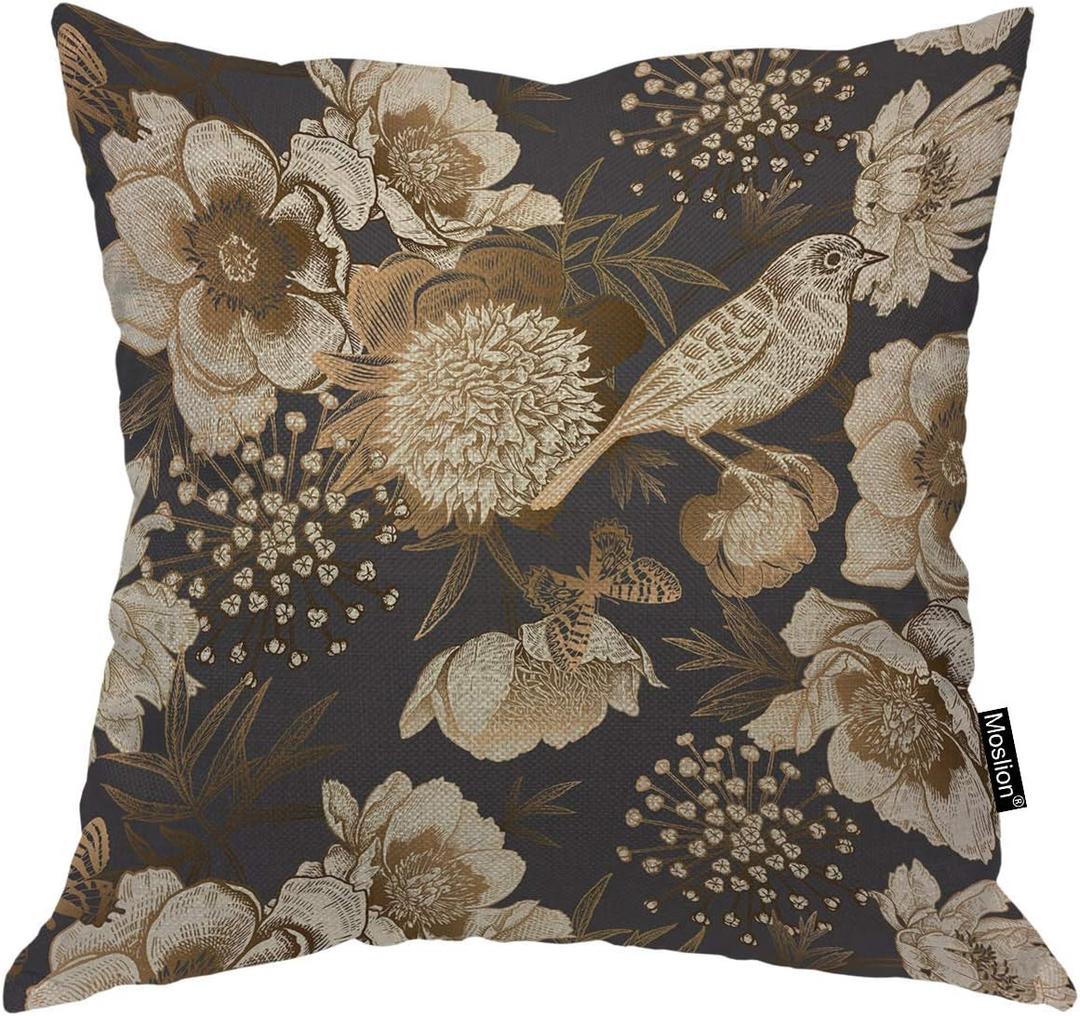 Moslion Throw Pillow Cover Vintage Bird Birds Singing On The Branch with Flower Butterflies Cute Animal Square Pillow Case Cushion Cover for Home Car Decorative Cotton Linen 24x24 Inch