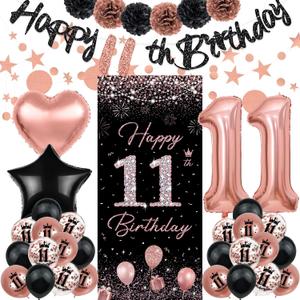 Rose Gold Happy 11th Birthday Decorations - Banner, Backdrop, Balloons, Pompoms, Star Streamers
