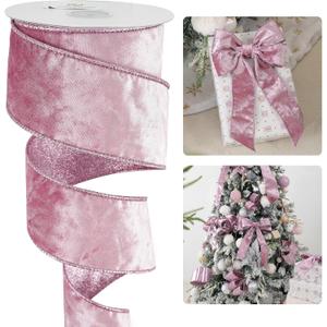 HUIHUANG Pink Velvet Wired Ribbon 2.5 inch Light Pink Velvet Ribbon with Pink Glitter Christmas Ribbons for Gift Wrapping, Christmas Tree Decoration, Bows, Wreaths, Garlands- Continuous 10 Yards
