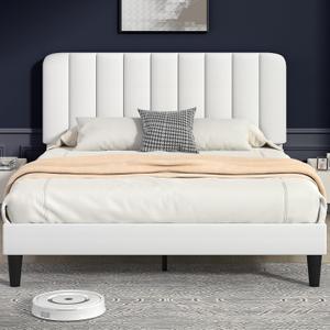 VECELO Queen Size Bed Frame with Upholstered Headboard, Velvet Platform Bedframe Mattress Foundation, Strong Wood Slat Support, No Box Spring Needed,White