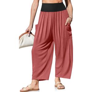 TARSE Womens Linen Wide Leg Pants Casual Loose Elastic Waist Beach Travel Vacation Palazzo Harem Pants with Pockets (Red, XL)