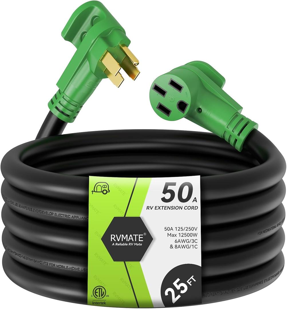 RVMATE 50 Amp 25 Feet RV/ EV Extension Cord, Easy Plug in Handle, 14-50P to 14-50R with LED Indicator, ETL Listed, Come w/ Storage Bag and Plastic Strap
