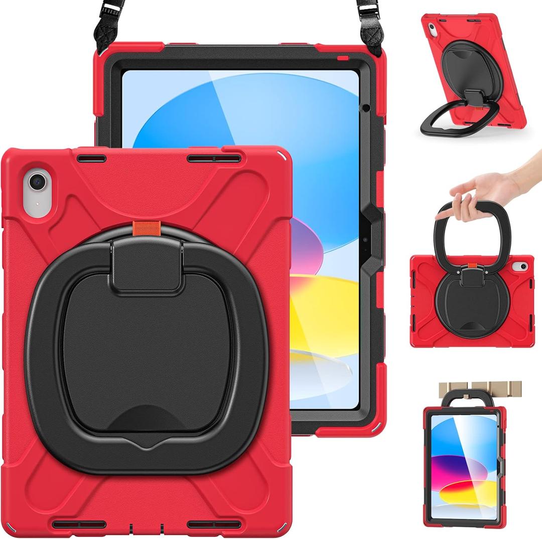 BRAECN Kids Case for iPad (A16) 11th/10th Generation 11/10.9'' 2025/2022, Heavy Duty Rugged Silicone Cover w/Swivel Ring Stand/Stable Kickstand/Shoulder Strap/Pencil Holder/Screen Protector, Red