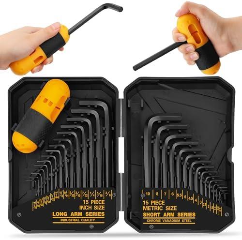 30-Piece Hex Key Set - Allen Wrench Set, SAE and Metric Allen Keys MM(0.7mm-10mm) SAE(0.028"-3/8) Heat-Treated, Torque Handle, High Leverage, Long & Short Keys, Easy Organization