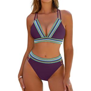 Blooming Jelly Womens High Waisted Bikini Sets Color Block Two Piece Swimsuit V Neck Crisscross Back Bathing Suit (Large, Purple)
