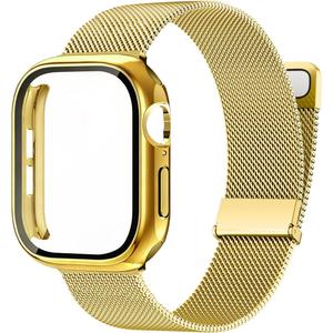 Metal Magnetic Band and Case Compatible with Apple Watch 38mm 40mm 41mm 42mm 44mm 45mm 46mm, Stainless Steel Milanese Mesh Loop Strap with Cover for iWatch Series 11 10 9 8 7 6 5 4 3 2 1 SE (Gold)