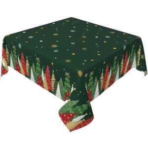 Christmas Square Tablecloth 52x52 Inch Forest Green Xmas Tree Snowflake Winter Holiday Theme Decorative Table Cloth Seasonal Rustic Farmhouse for Indoor Party Kitchen Dinner Picnic Decor
