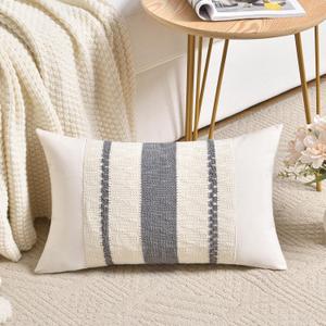 Fancy Homi Set of 1 Neutral Grey Farmhouse Lumbar Decorative Throw Pillow Covers 12x20 Inch for Couch Bed Chair, Vintage Country Rustic Retro Room Decor, Soft Thick Cotton Rectangle Cushion Case (Gray)