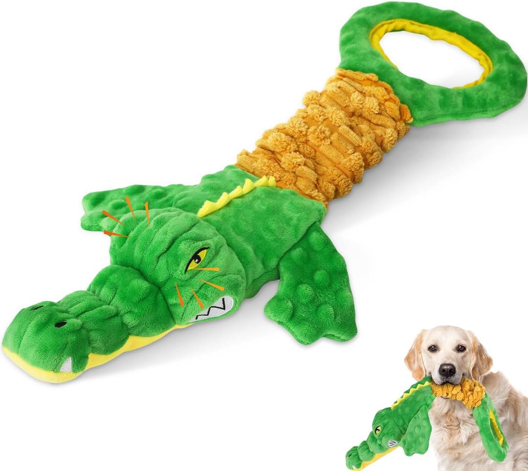 Large Dog Toys, Plush Squeaky Dog Toy with Crinkle Paper and Tug of War Handle, Interactive Puppy Toys for Small, Medium and Large Dogs (Green01)