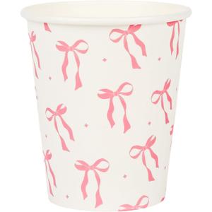 100Pcs Pink Bow Paper Cups Bowknot Party Cups 9oz Pink and White Disposable Coffee Cups for Birthday Bachelorette Wedding Birthday Bridal Baby Shower Party Supplies