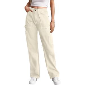 Cargo Pants Women High Waisted Wide Leg Casual Pants Baggy Stretchy Trousers Y2K Streetwear with 6 Pockets (X-Small, Beige)