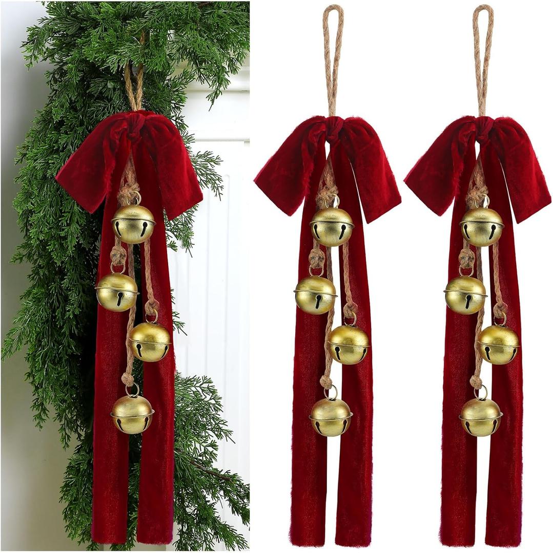 Moxweyeni 2 Sets Christmas Cow Bells with Velvet Bow 18.5 Inch Vintage Bells with Jute Hanging Rope Rustic Gold Ornaments for Wreath Teardrop Swags Wall Door Decoration(Ball)