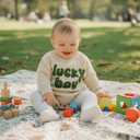 Nibbcoa Newborn Baby Boy St Patricks Day Outfit Lucky Boy Embroidery Knit Sweater Romper Long Sleeve Knitted Bodysuit (S-Apricot, 3-6 Months)