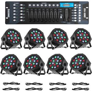 8 Pack RGB LED Par Lights with DMX512 Controller, 18x3W Sound Activated Stage Lights, DJ Uplighting System with Master Slave & Auto Modes for Wedding, Party, Club, Church Events
