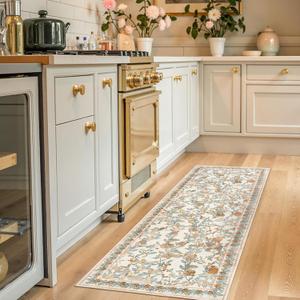 jinchan Eden Floral Washable Runner Rug 2x5 Vintage Hallway Rug Non-Slip Lightweight Soft Thin Kitchen Low Pile Distressed Orange Fall Decor Carpet for Bathroom Laundry Room Bedroom Entryway