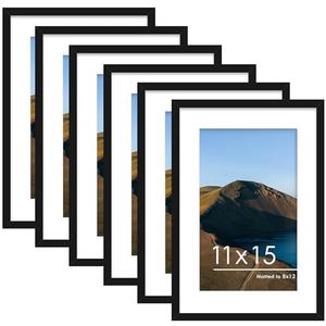 PEALSN 11x15 Picture Frames Set of 6, Display Pictures 8x12 with Mat or 11x15 without Mat for Wall Mounting, Photo Frames Collage for Wall Decor, Black.