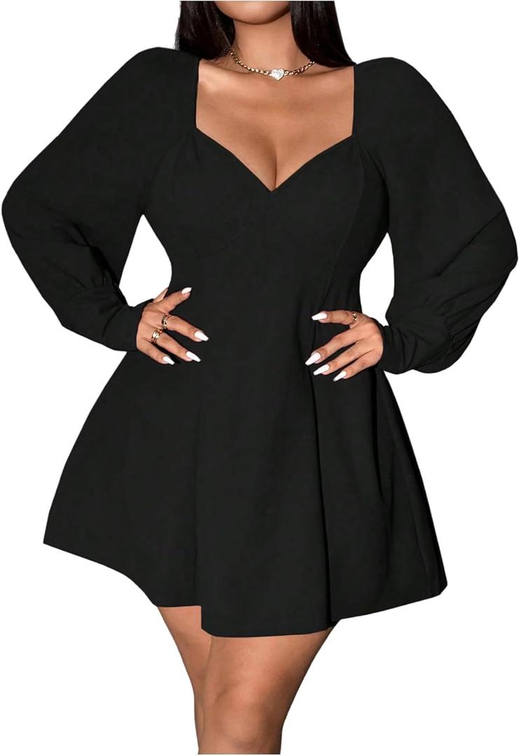 Floerns Women's Plus Size Elegant Fall Sweetheart Neck Long Sleeve Dress Solid Lantern Long Sleeve Mini Dress Going Out Dress (X-Large Plus, Black)