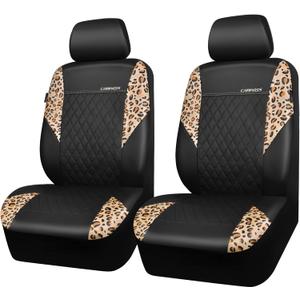 CAR PASS Leather Leopard Two Front Seat Cover Only, Universal Quilting Waterproof Deluxe PU Premium Vinyl Luxury Car Seat Cover Airbag Compatible for Most Sedan,SUV,Truck(Two Front, Brown Leopard)