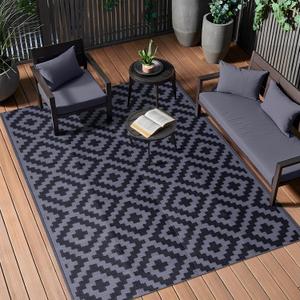 OLANLY Waterproof Outdoor Rug 5x8 ft, Outdoor Plastic Straw Rug for Camping, RV Mat Outside, Indoor Outdoor Carpet for Porch, Deck, Backyard, Balcony, Picnic, Black & Grey