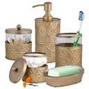 Autumn Alley Brushed Gold Bathroom Accessories Set, 5 Piece Champagne Gold Modern Bathroom Decor - Soap Dispenser, Toothbrush Holder, 2 Apothecary Jars, Soap Holder, Farmhouse Bathroom Décor