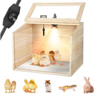 Wooden Brooder Box for Chicks Starter Kit with Heat Lamp,Thermometer,Perch,Temperature Adjustable Poultry Brooder Heater Transparent Skylight for 10 Chicks,Ducks,Quail 11.8"x15.7"x15.7"
