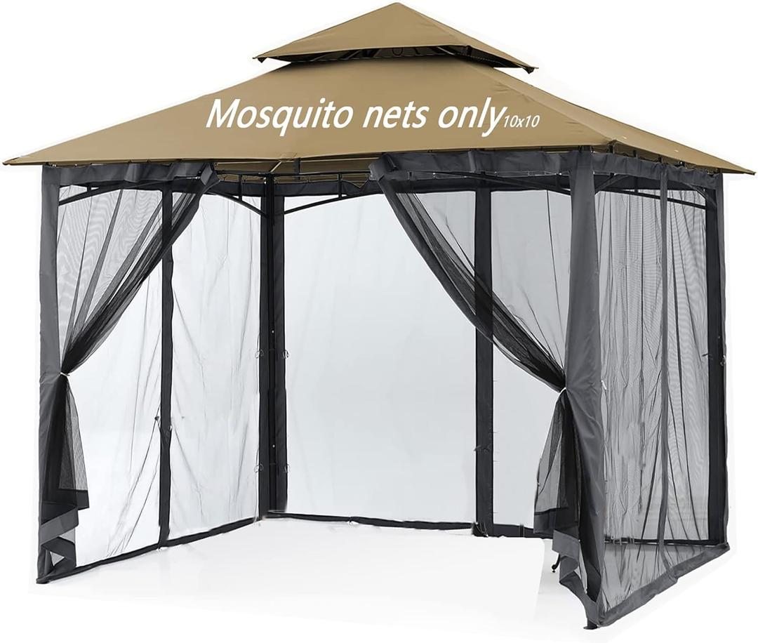 Mosquito Netting for Gazebo Canopy, Replacement Screen Walls Netting with Slip Rings, 4-Door Zipper, Easy to Install Black (Net Only) (10x10FT)