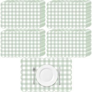 60 Pcs Sage Green Gingham Party Supplies Gift Disposable Scalloped Table Placemat 17.7 X11.8 Inch Decorative Paper Mats Bulk for Table Setting Dining Wedding Christmas Bridal Baby Shower