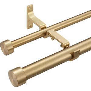 Double Curtain Rods for Windows, 1''Front and 5/8''Back Double Drapery Rods with Premium Aluminum Brackets and End Cap Finials, Adjustable Double Window Curtain Rod (Warm Gold, 36-72")