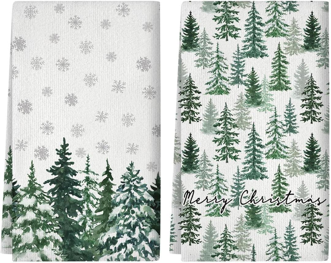 Christmas Pine Trees Kitchen Towels Dish Towel, winter Style 18x26 inches 2 Pack, Merry Christmas Winter Xmas Snowflakes Pine Decor Kitchen Towels. Suitable for Restaurants Home Use Decoration.