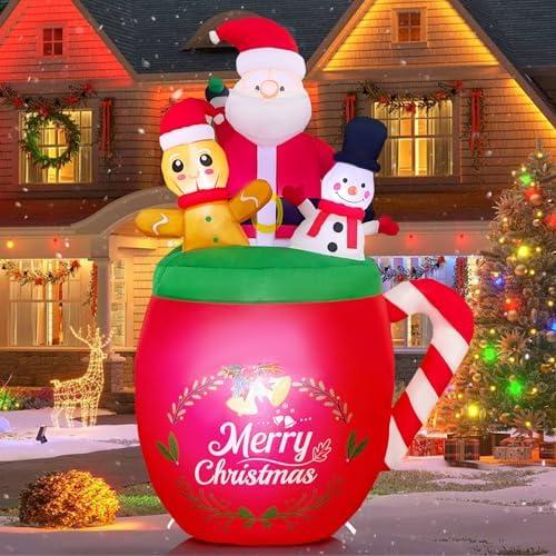 Christmas Inflatables Outdoor Decorations 6FT Blow Up Santa Claus Gingerbread Man Snowman in Xmas Mug for Outdoor Christmas Decorations