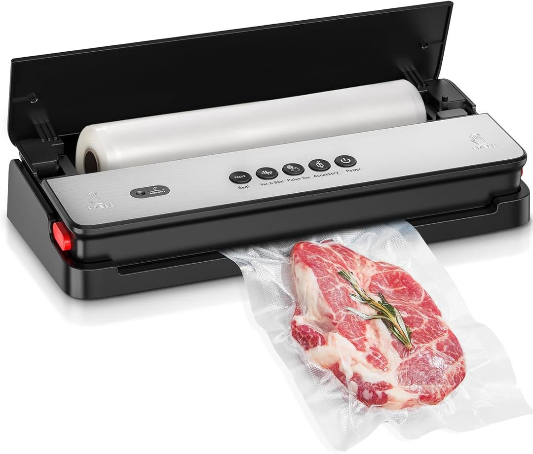Bonsenkitchen Vacuum Sealer, Multi-Functional Food Sealer with 1 Roll Bag+ 5 Bags, Bag Storage | Built-in Cutter, Black-Silver