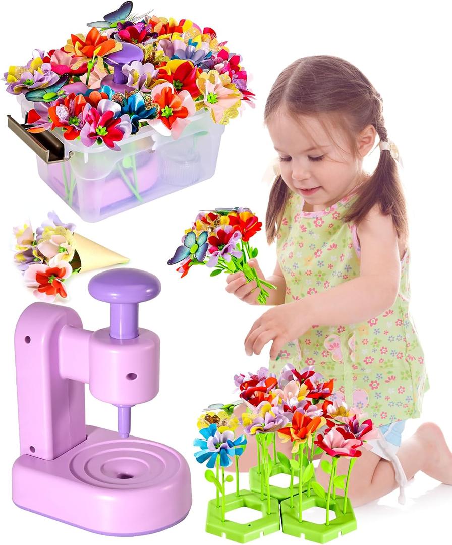 Fabric Flower Bouquets Toys for Girls Ages 4-8, DIY Flowers Craft Kits for Kids, Flowers Making Toy with Storage Box, Arts & Crafts for 4 5 6 7 8 Years Toddler Girl, Gift for Birthday & Christmas (purple)