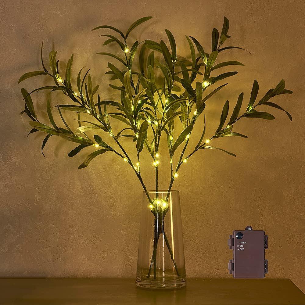 Hairui Lighted Olive Branches with Timer 24IN 72LED Battery Operated, Artificial Greenery Olive Tree Branch with Fairy Lights for Wedding Christmas Home Indoor Outdoor Decoration